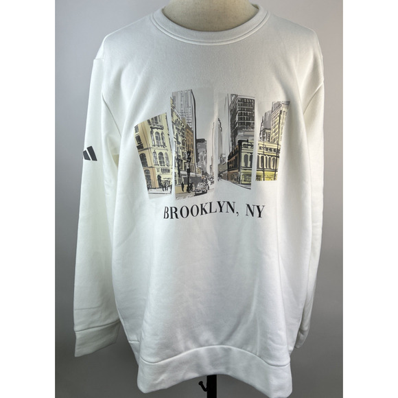 Adidas Sweatshirt Brooklyn NY Crewneck Graphic Fleece Pullover Mens XL White - Picture 1 of 14